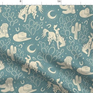 Southwest Fabric - Cowboys And Cacti by byre_wilde - Dusky Blue Boots Cactus Ranch Rodeo Cowboy Hat Moon Fabric by the Yard by Spoonflower