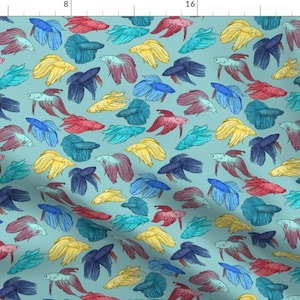 Colorful Bettas on Blue Fabric - Watercolor Betta Fish On Light Blue By Landpenguin - Betta Fish Cotton Fabric By The Yard With Spoonflower