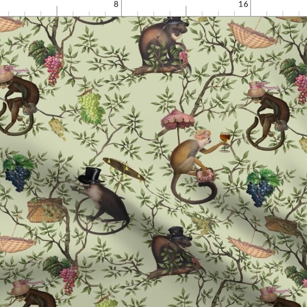 Green Fabric - Monkey Garden Party by utart -  Chinoiserie Victorian Animals Rococo Garden Party Leaves Fabric by the Yard by Spoonflower