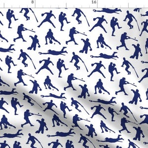 Baseball Fabric - Baseball Players // Dark Blue By Thin Line Textiles - Baseball Cotton Fabric By The Yard With Spoonflower