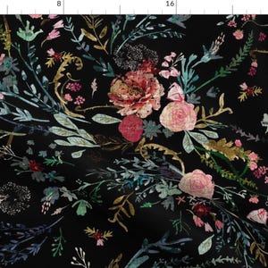 Botanical Fabric - Fable Floral by nouveau_bohemian - Distressed Boho Floral Black And Pink Wildflowers Fabric by the Yard by Spoonflower