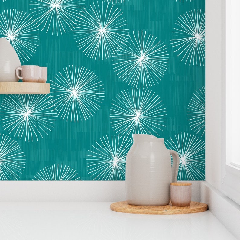 Mid Century Modern Wallpaper Dandelions Teal by Friztin Etsy