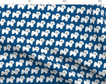Bichon on Blue Fabric - Bichon Frise On Navy By Magentarosedesigns- Bichon Fluffy White Puppy Dog Cotton Fabric By The Yard With Spoonflower