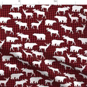 Moose Fabric - Buffalo Plaid Animals Fabric - Red And Black Plaid By Charlottewinter - Moose Cotton Fabric By The Yard With Spoonflower