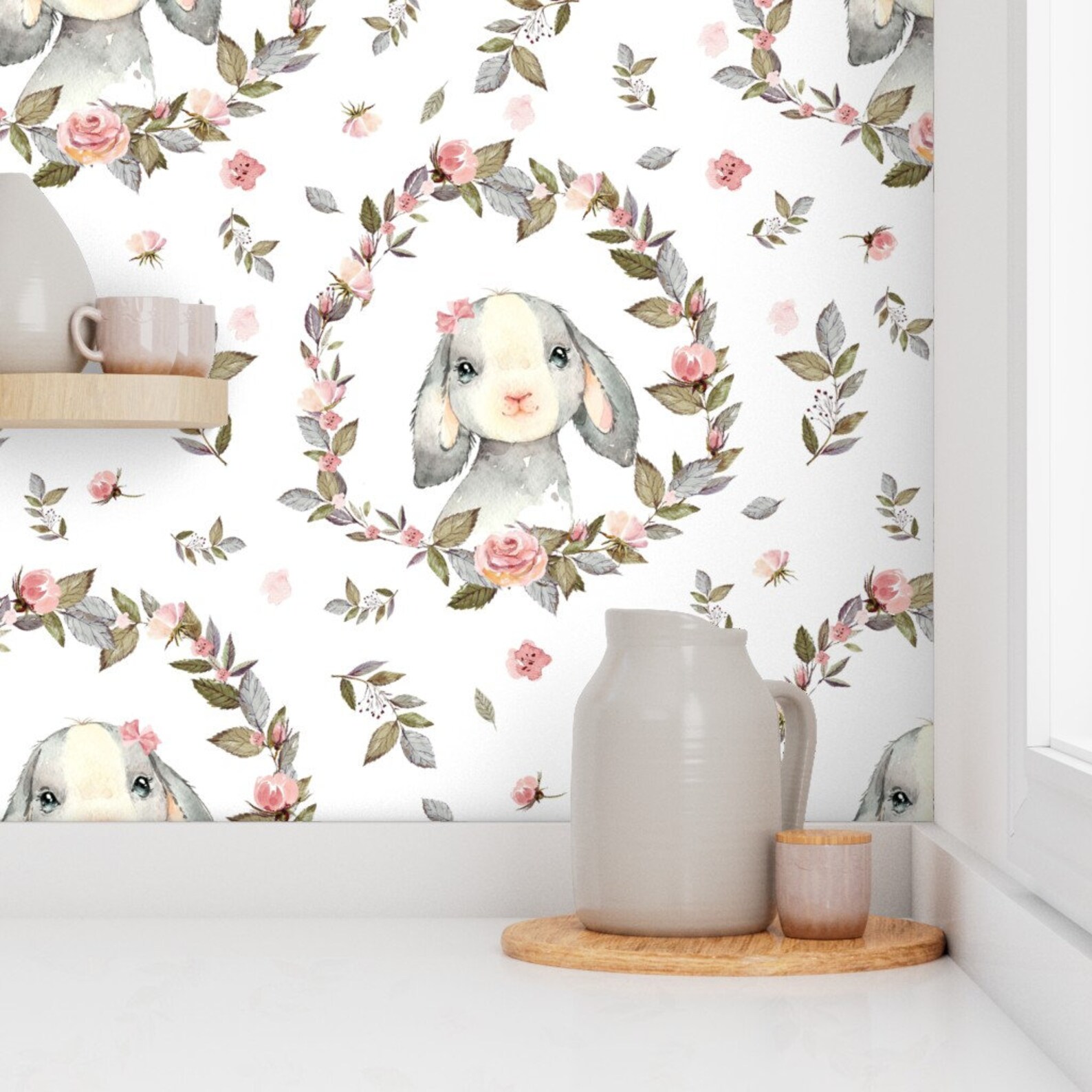 Bunny Wallpaper Pink Bunny With Bow Flowers by Shopcabin - Etsy