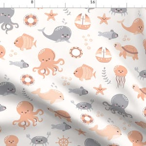 Whimsical Coastal Fabric - Baby Ocean Animals by trilbyworks - Nautical Coral Orange Gray Gender Neutrall Fabric by the Yard by Spoonflower