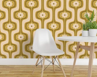 Retro Peel and Stick Wallpaper - Vintage 70s Bold Funky Green Hippie - Removable Wall Decor Art - Green Flower Ogee by moon_up_studio