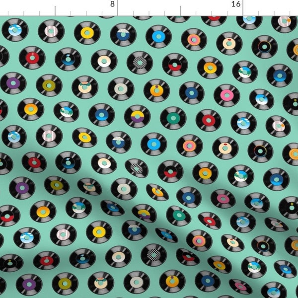 Vinyl Records Fabric - Stars On 45 (Turquoise) || Records Vinyl Retro By Pennycandy- Vinyls Music Cotton Fabric By The Yard With Spoonflower
