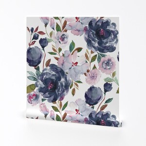 Romantic Floral Peel and Stick Wallpaper - Navy Botanical Feminine Meadow - Removable Wall Decor Art - Midnight Peonies by indybloomdesign image 2