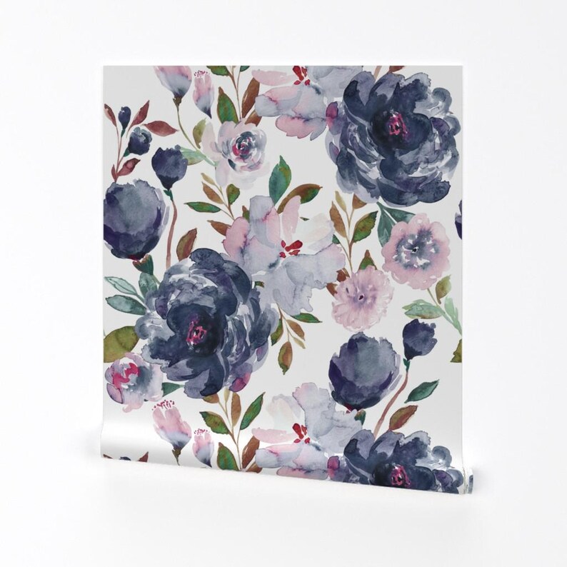Romantic Floral Peel and Stick Wallpaper - Navy Botanical Feminine Meadow - Removable Wall Decor Art - Midnight Peonies by indybloomdesign image 2