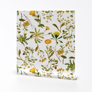 Botanical Wallpaper -Yellow Vintage Wildflowers By Utart- Floral Garden Custom Printed Removable Self Adhesive Wallpaper Roll by Spoonflower