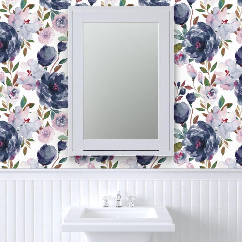 Romantic Floral Peel and Stick Wallpaper - Navy Botanical Feminine Meadow - Removable Wall Decor Art - Midnight Peonies by indybloomdesign image 8