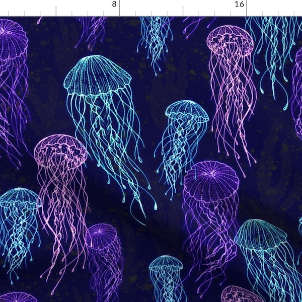 Jellyfish Fabric - Bioluminescent Jellyfish By Flixydoodles - Blue Purple Underwater Ocean Animal Cotton Fabric By The Yard With Spoonflower