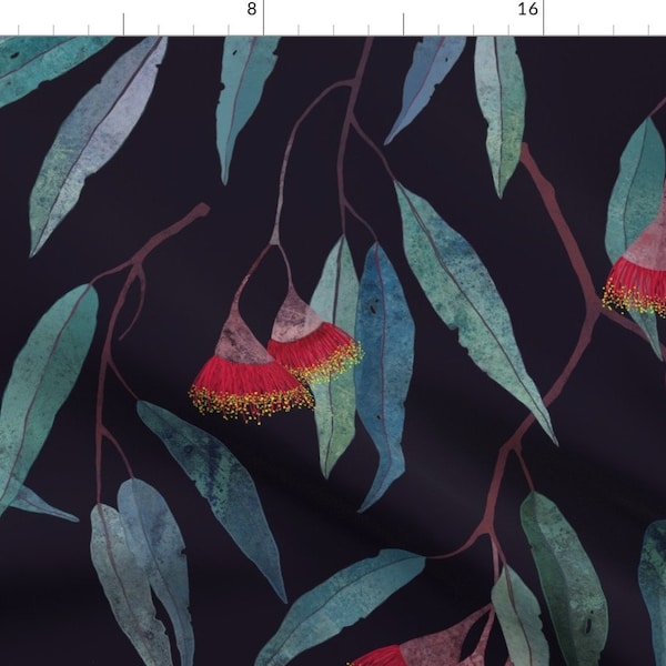 Moody Eucalyptus Fabric - Eucalyptus Leaves And Flowers By Lavish Season - Tropical Botanical Cotton Fabric By The Yard With Spoonflower