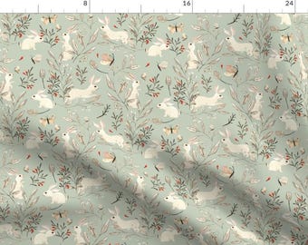Whimsical Bunnies Fabric - Bunnies Dusky Green by katherine_quinn - Easter Bunny Woodland Animals Fabric by the Yard by Spoonflower