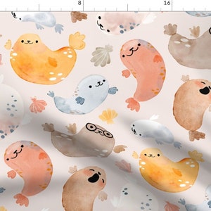 Watercolor Seal Fabric - Candy Seals Large Scale Cute Nautical By Daria Nokso - Seal Animal Cotton Fabric By The Yard With Spoonflower