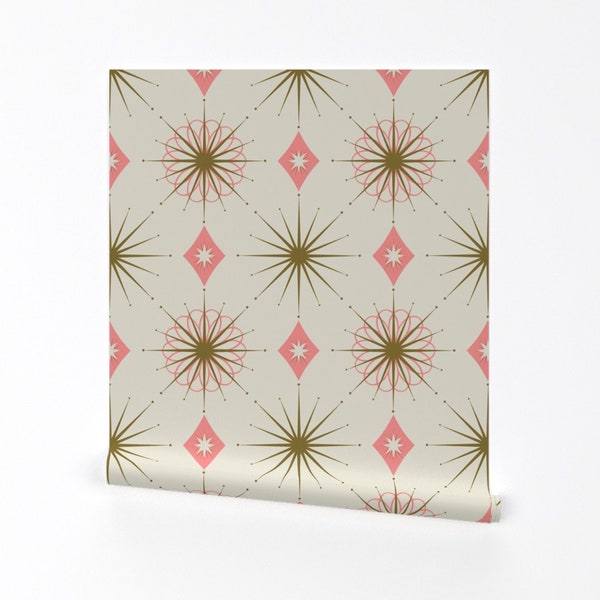 Retro Geo Wallpaper - Starburst Pink By Curiouslondon - Cream Pink Green Stars Atomic Removable Self Adhesive Wallpaper Roll by Spoonflower