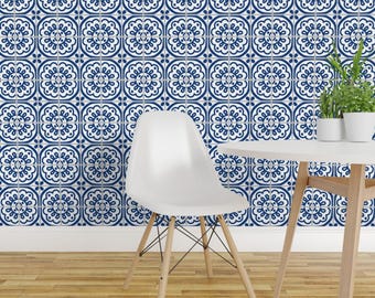 Blue Farmhouse Tile Peel and Stick Wallpaper - Moroccan Squares Mexican Mosaic - Removable Wall Decor Art - Farmhouse Tile by 3rittanylane