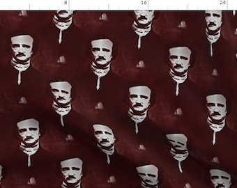 May include: A repeating pattern of a white silhouette of Edgar Allan Poe's face on a dark red background.