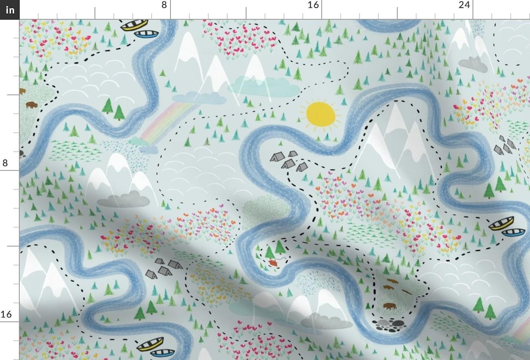 Natural Blue Map Bison Landscape Fabric - Westward Bound by ...