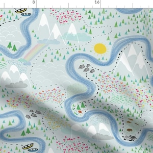 Natural Blue Map Bison Landscape Fabric - Westward Bound By Natalievmason - Bison Blue Land Cotton Fabric By The Yard With Spoonflower