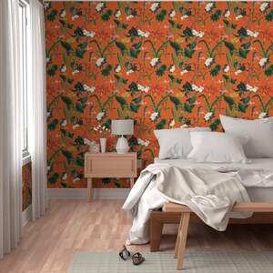Floral Wallpaper - Vintage Floral Orange By Bruxamagica - Vintage Floral Custom Printed Removable Adhesive Wallpaper Roll by Spoonflower image 5