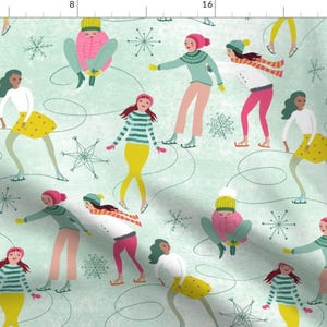 Figure Skating Fabric - Having Fun On The Rink By Miraparadies - Winter Holiday Nostalgic Ice Cotton Fabric By The Yard With Spoonflower