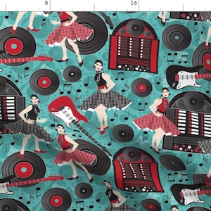 Retro Rock And Roll Fabric - Rock&#39;N&#39;Roll Mix On Emerald By Kociara - Jukebox Vinyl Records Music Cotton Fabric By The Yard With Spoonflower