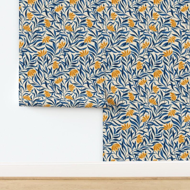 Carta da parati vintage Cottagecore autoadesiva - Fiori rampicanti blu - Decorazione murale rimovibile - Fiori rampicanti di denesannadesign immagine 4