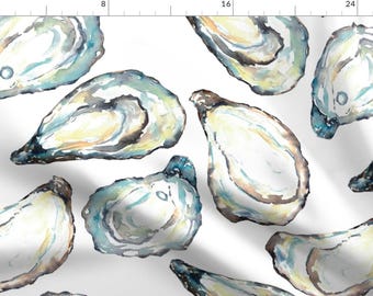 Coastal Watercolor Fabric - Oyster White by goodfairyart - Oyster Shells Large Scale Ocean Life Seashell Fabric by the Yard by Spoonflower