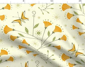 Super Bloom Fabric - Super Bloom On Ivory By Studioxtine - Mid Century Yellow Orange Green Garden Cotton Fabric By The Yard With Spoonflower