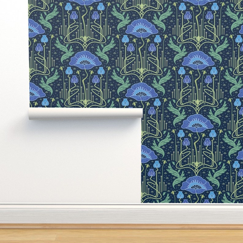 Poppy Flower Wallpaper Art Nouveau Poppies Blue by bamokreativ Victorian Damask Removable Peel and Stick Wallpaper by Spoonflower image 4