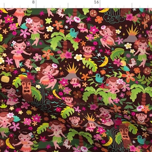 Hula Girls Fabric - Hula Cuties Medium By Miss Fluff - Hula Girls Monkey Birds Tropical Burgundy Cotton Fabric By The Yard With Spoonflower