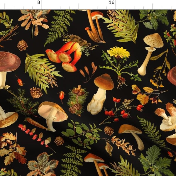 Woodland Fabric - Thanksgiving In The Forest On Black-Antique Mushroom Fabric,Mushrooms Fabric By Utart - Sfaut15 Fabric With Spoonflower