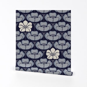 Floral Wallpaper - 1920s Floral - Indigo By Fernlesliestudio - Floral Custom Printed Removable Self Adhesive Wallpaper Roll by Spoonflower