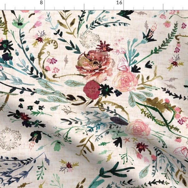 Romantic Floral Fabric - Fable Floral Blush by nouveau_bohemian - Woven Look Watercolor Blooms Botanical Fabric by the Yard by Spoonflower