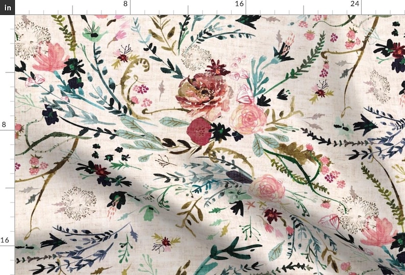 Romantic Floral Fabric - Fable Floral Blush by nouveau_bohemian - Woven Look Watercolor Blooms Botanical Fabric by the Yard by Spoonflower imagen 1