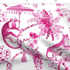 Maximalist Vintage Fabric - Chinoiserie by pattern_garden - Bright Pink Hot Pink Toile Leopard Monkey Fabric by the Yard by Spoonflower