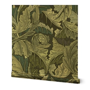 Victorian Sage Gold or Silver Metallic Wallpaper - Acanthus Teal  by peacoquettedesigns - Green Blue Leaves Wallpaper Roll by Spoonflower