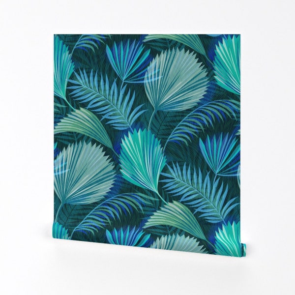 Papier peint palmier bleu - palmiers turquoise par asta_barrington - papier peint autocollant amovible feuillage tropical forêt tropicale par Spoonflower