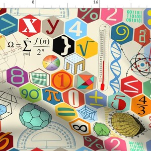 Math Fabric - Math In Color By Chicca Besso - Mathematics Polygons DNA Origami Numbers Red Green Cotton Fabric By The Yard With Spoonflower
