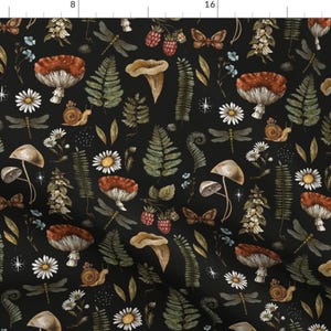 Woodland Fabric - Mushrooms On Black by depiano - Fern Moth Dragonfly Mushroom Wildflowers Fly Agaric Fabric by the Yard by Spoonflower