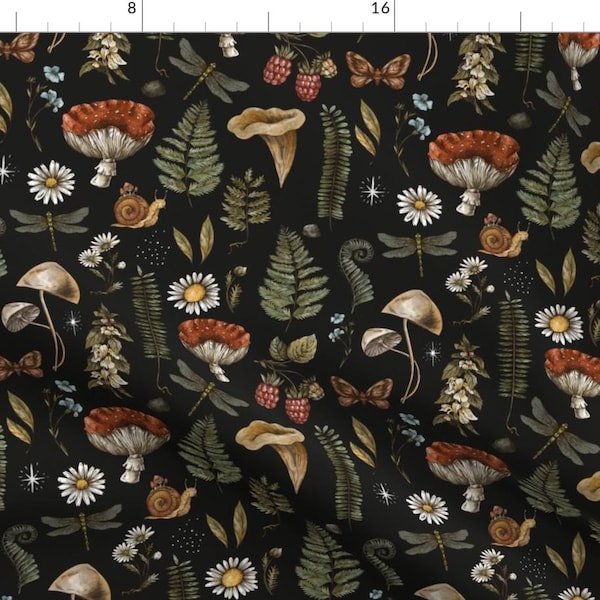 Woodland Fabric - Mushrooms On Black by depiano - Fern Moth Dragonfly Mushroom Wildflowers Fly Agaric Fabric by the Yard by Spoonflower