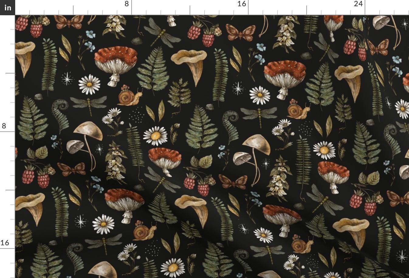 Woodland Fabric - Mushrooms On Black by depiano - Fern Moth Dragonfly Mushroom Wildflowers Fly Agaric Fabric by the Yard by Spoonflower