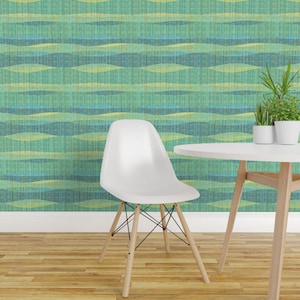 Mid Century Wallpaper - Mid Mod Lines By Theodesign - Retro Blue Green Waves Stripes Removable Self Adhesive Wallpaper Roll by Spoonflower