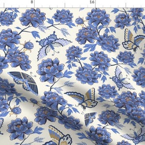 Chinoiserie Blue Floral Fabric - Peonies And Butterflies - Blue By Vivdesign - Chinoiserie Cotton Fabric By The Yard With Spoonflower