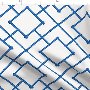 Blue Bamboo Fabric - Osaka Bamboo Trellis / Cobalt By Willowlanetextiles - Bamboo Trellis Blue Cotton Fabric By The Yard With Spoonflower