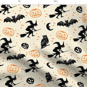 May include: A seamless pattern featuring black silhouettes of witches flying on broomsticks, bats, owls, and jack-o'-lanterns on a cream background with orange stars.