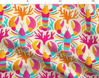 Bright Lobsters Fabric - Lobster Damask by micklyn - Hot Pink Orange Whimsical Coastal Summer Beach Fabric by the Yard by Spoonflower