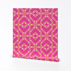 Bamboo Trellis Removable Peel and Stick Wallpaper - Hot Pink Orange Chinoiserie - Wall Art Wall Decor - Preppy Spring by misentangledvision